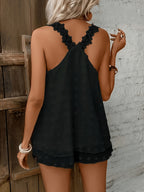Women's Textured V-Neck Sleeveless Top with Floral Strap Details
