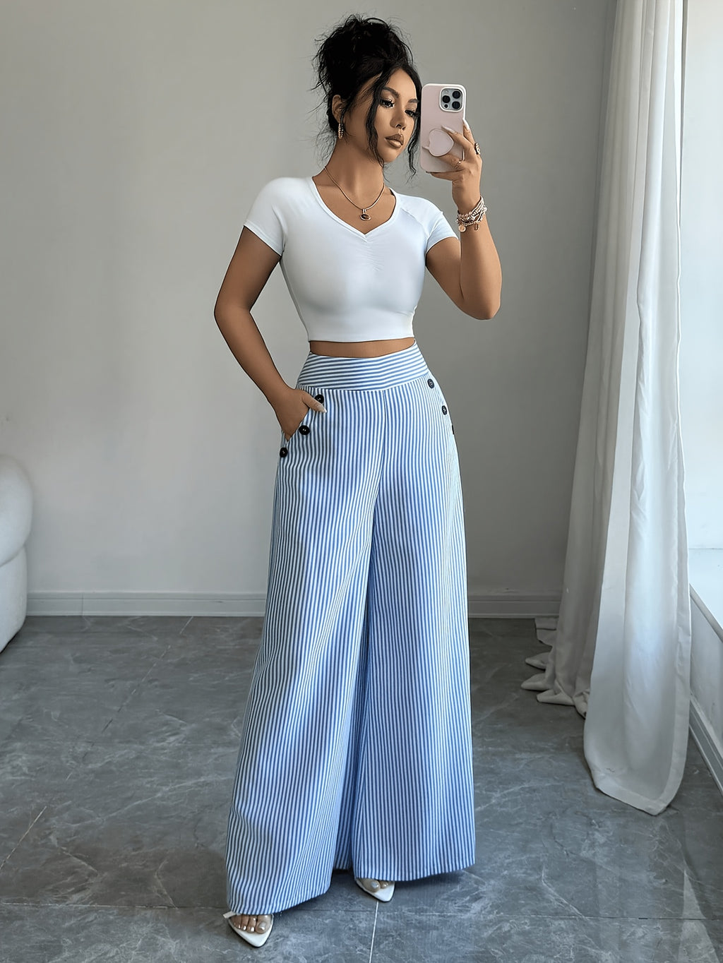 Pantalones de pierna ancha a rayas informales para mujer