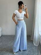 Pantalones de pierna ancha a rayas informales para mujer