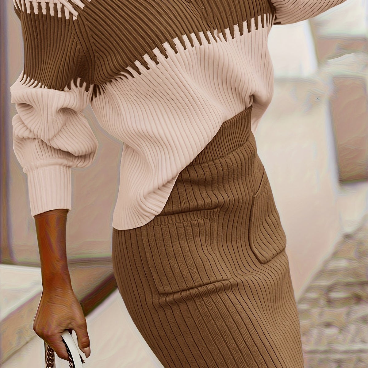 Ensemble pull en maille côtelée et jupe midi pour femme