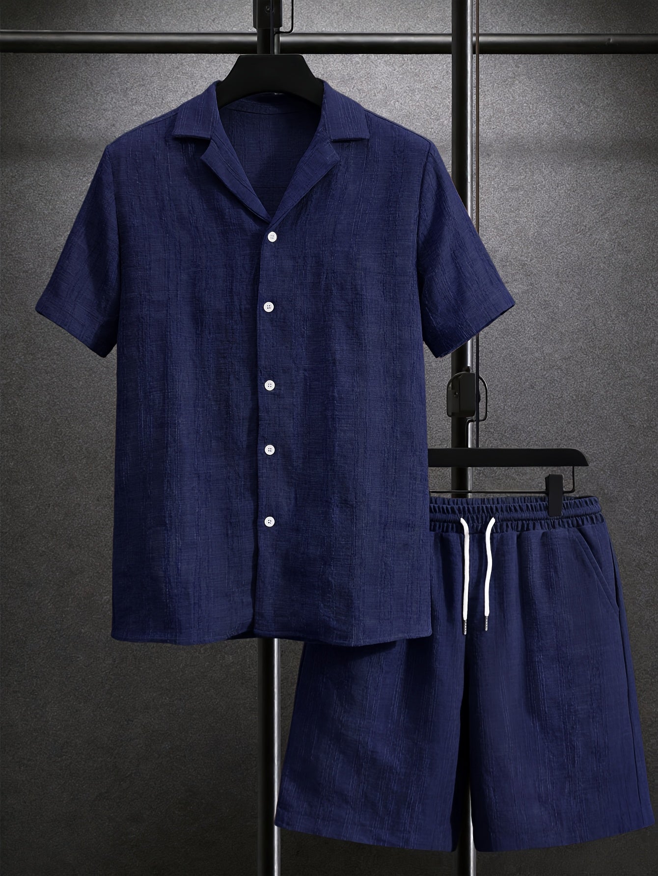 Men's Textured Button-Up Shirt and Drawstring Shorts Set
