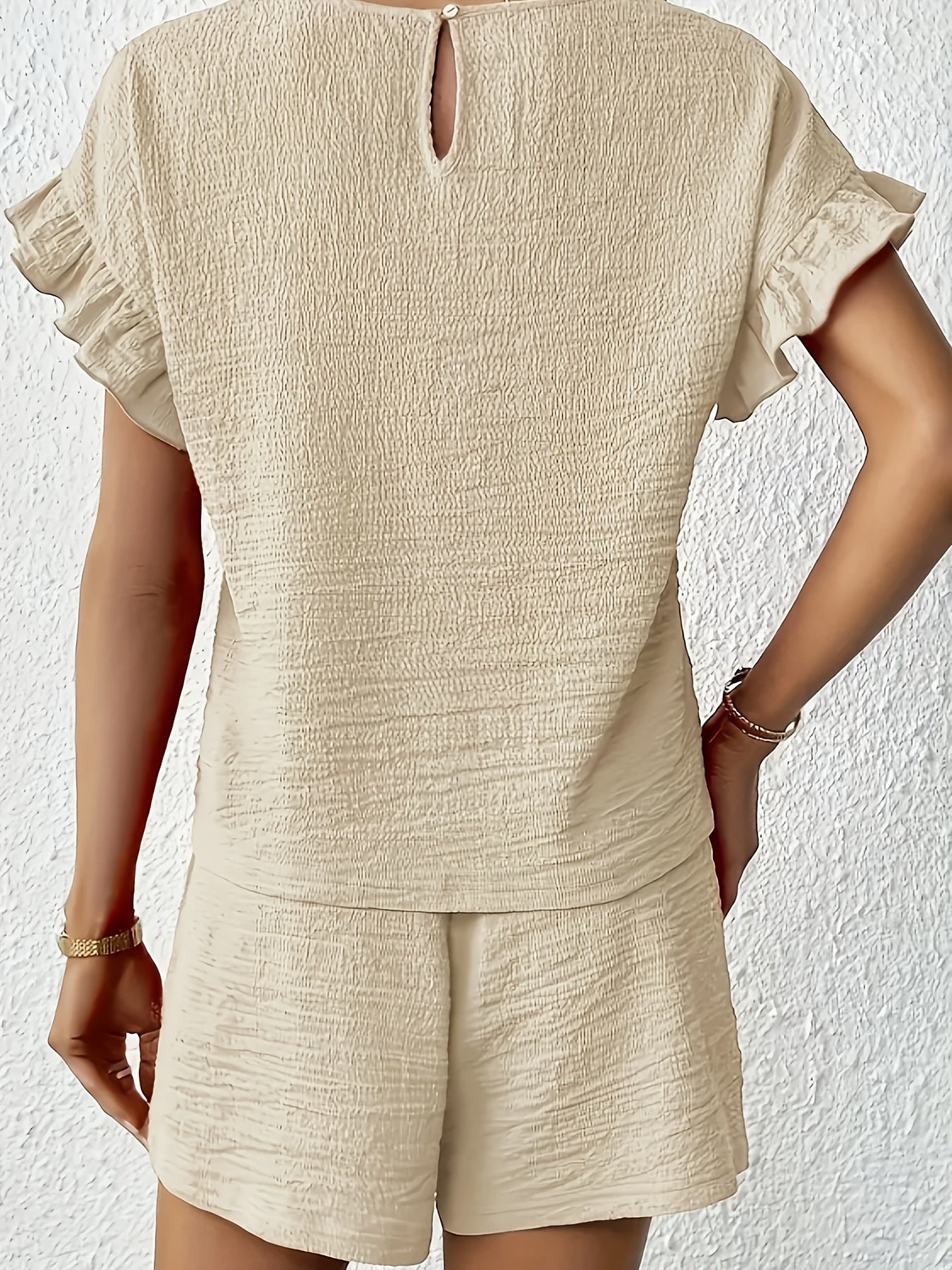 Women's Textured Ruffle Sleeve Top and Drawstring Shorts Set