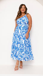 Women's One Shoulder Abstract Floral Print Tiered Midi Dress with Pleated Texture and Smocked Waist