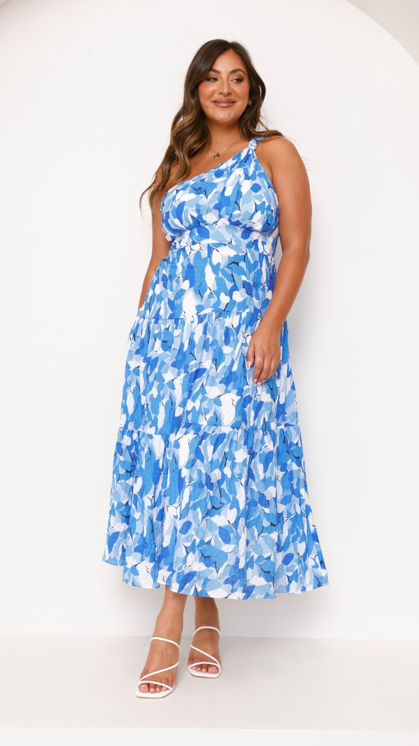 Women's One Shoulder Abstract Floral Print Tiered Midi Dress with Pleated Texture and Smocked Waist