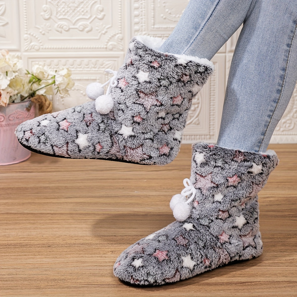 Women’s Plush Heart Pom-Pom Indoor Slipper Boots