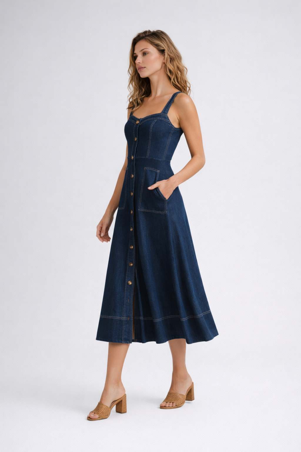 Women's Denim Midi Dress with Button Front and Flared Skirt