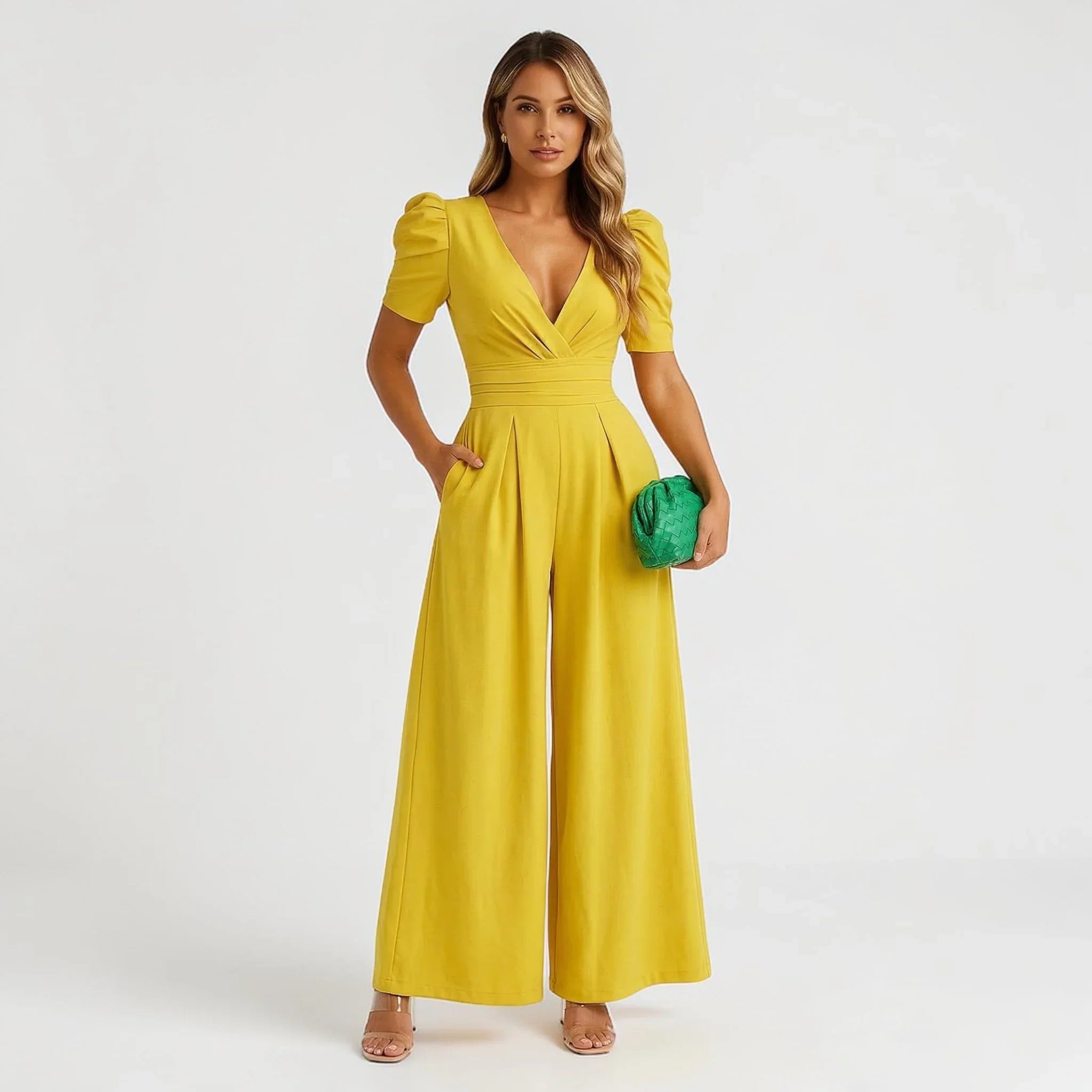 Women's Elegant Puff Sleeve Wide Leg Jumpsuit with Deep V-Neck, Defined Waist and Side Pockets