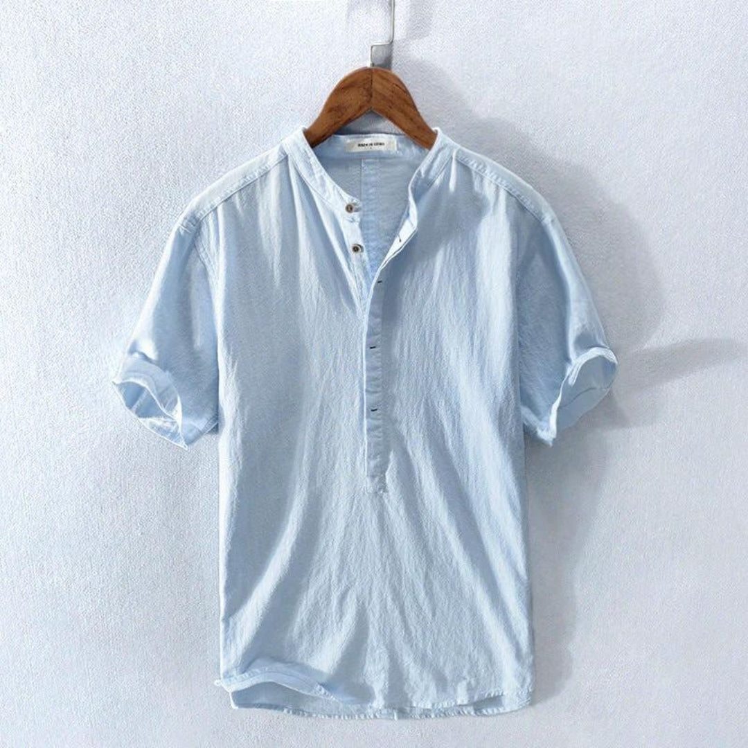 Men's Short-Sleeve Henley Shirt with Linen Blend for Summer Wear