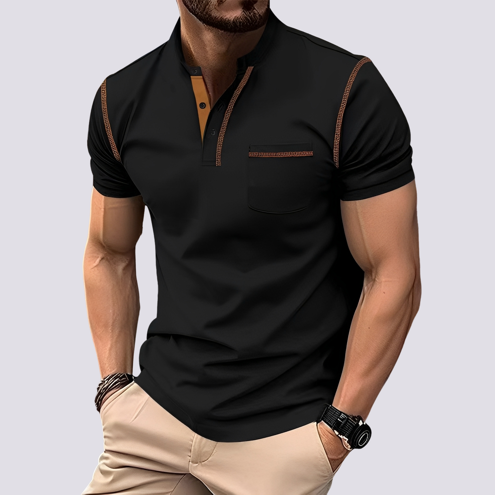 T-shirt Henley manches courtes pour homme avec bordure contrastée et poche poitrine
