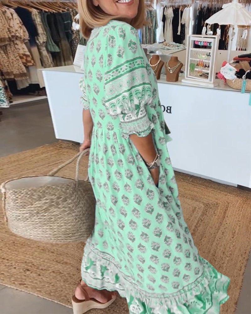 Women's Bohemian Print Maxi Dress with Tassel Tie Neckline