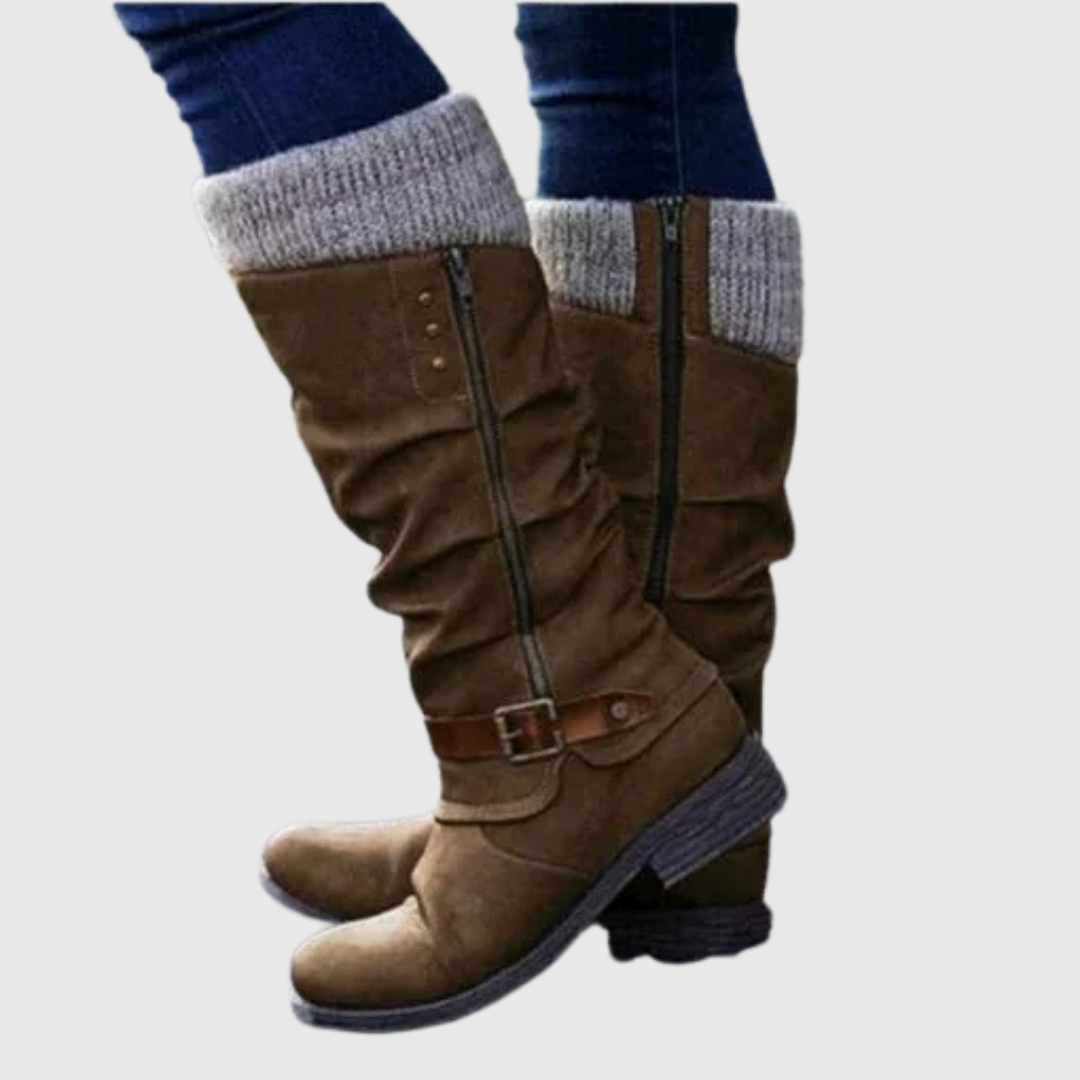 Women's Mid-Calf Boots with Knit Cuffs and Buckle Detail