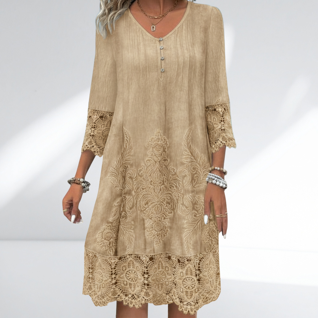 Damen Vintage besticktes Shift-Kleid mit V-Ausschnitt, Spitzenbesatz, dreiviertel Ärmeln und gewelltem Saum