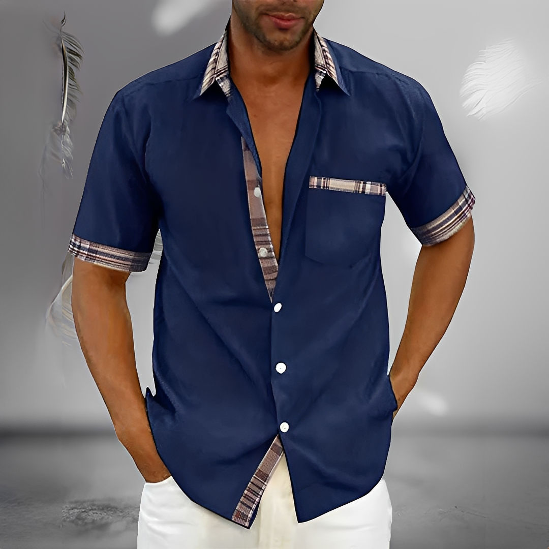 Chemise boutonnée manches courtes pour homme avec bordure contrastée et poche poitrine