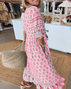 Women's Bohemian Print Maxi Dress with Tassel Tie Neckline