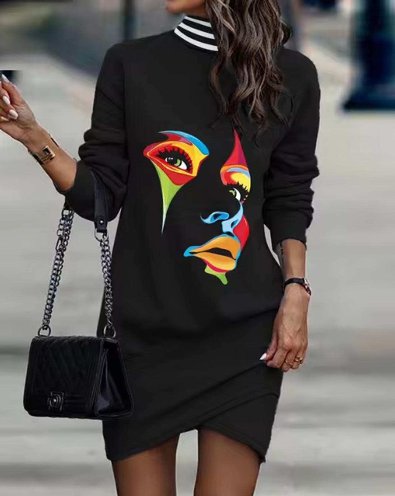 Women's Casual Long Sleeve Dress with Asymmetrical Hem and Ribbed Collar Detail