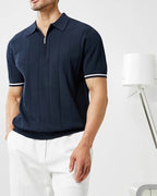 Men's Refined Vertical Rib-Knit Quarter Zip Polo with Contrast Sleeve Trim and Tailored Stretch Fit