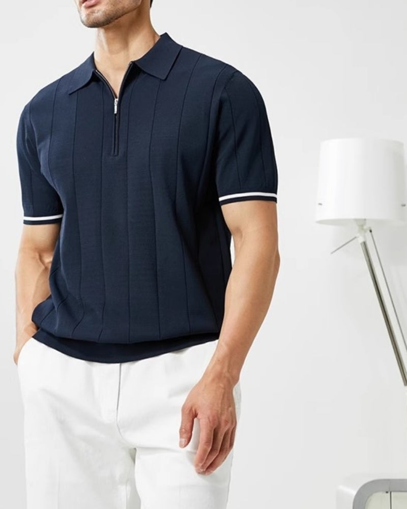 Men's Refined Vertical Rib-Knit Quarter Zip Polo with Contrast Sleeve Trim and Tailored Stretch Fit