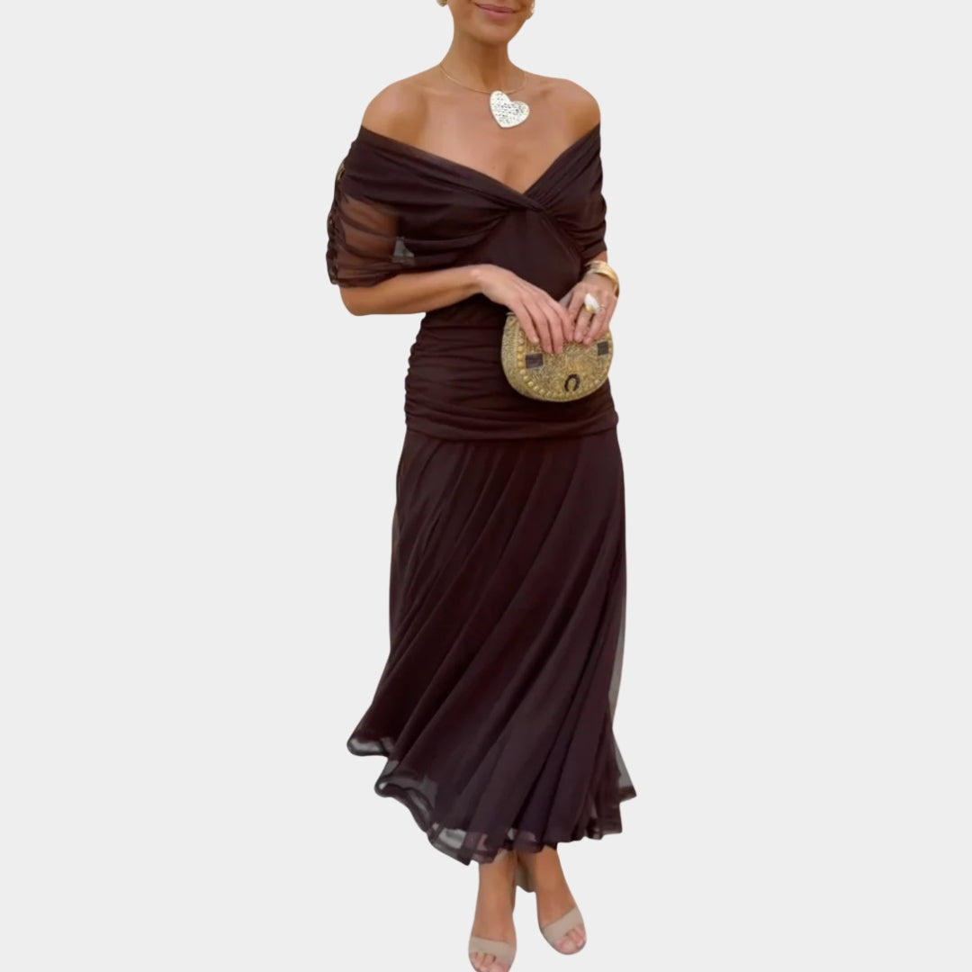 Women's Elegant Off-Shoulder Evening Dress with Draped Fit and Flowing Skirt