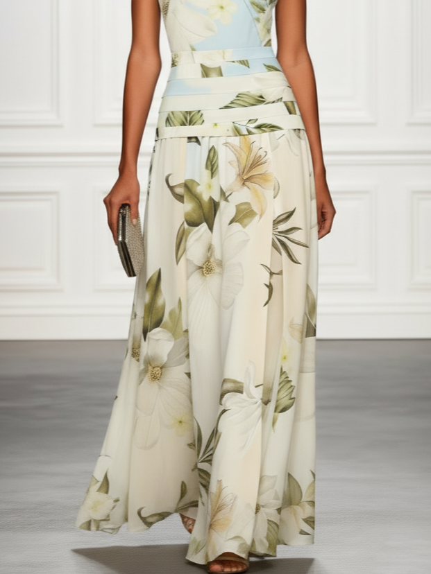 Maxikleid für Damen mit Blumenmuster, ärmellos, Bootsausschnitt und plissiertem Taillenbereich