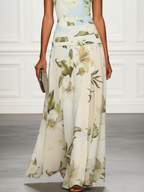 Maxikleid für Damen mit Blumenmuster, ärmellos, Bootsausschnitt und plissiertem Taillenbereich