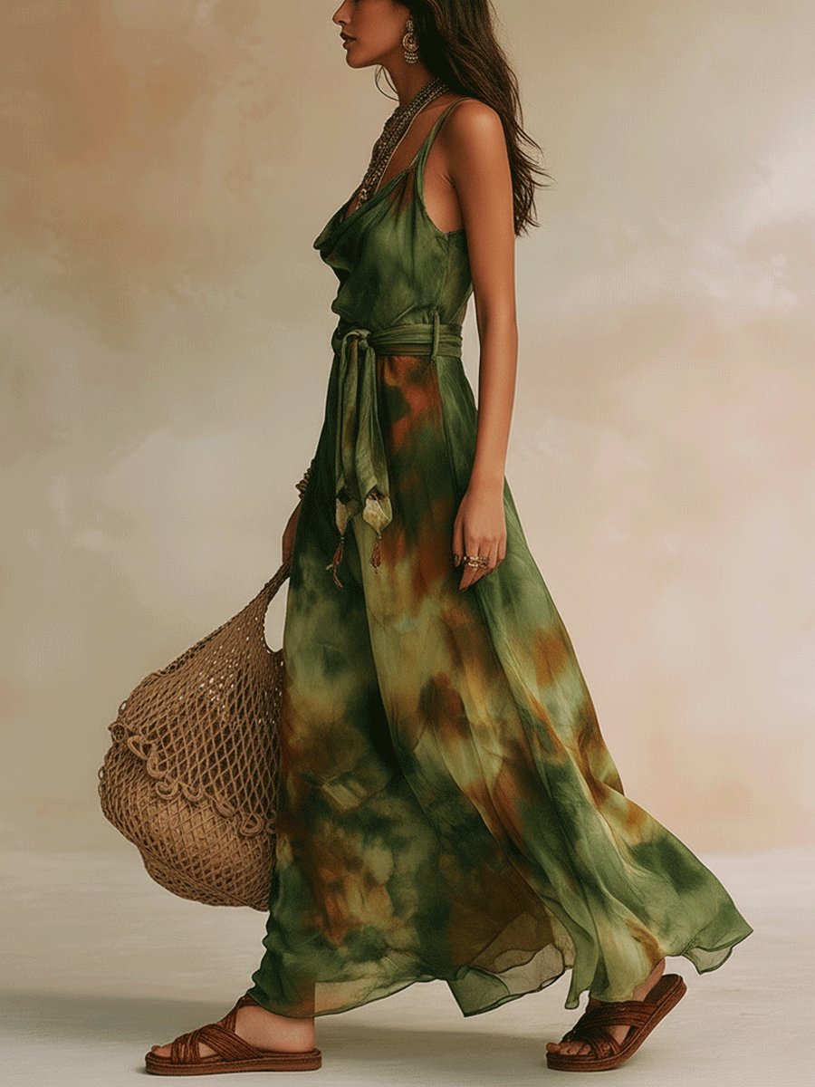 Women's Tie Waist Cowl Neck Maxi Dress
