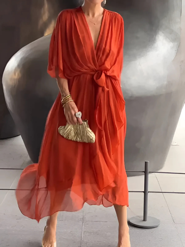 Women's Chiffon Wrap Midi Dress with Tie Waist