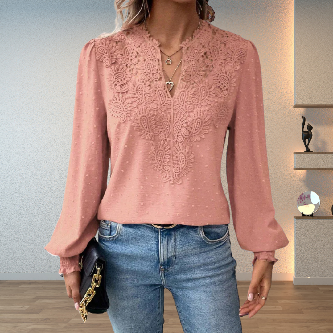 Blouse décontractée à manches longues en dentelle florale et col en V pour femme