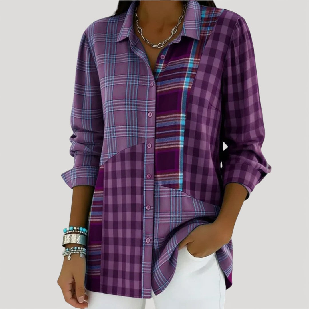 Chemise boutonnée à carreaux patchwork décontractée pour femme