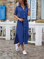 Women's Button-Front Shirt Midi Dress with Short Sleeves for Everyday Wear