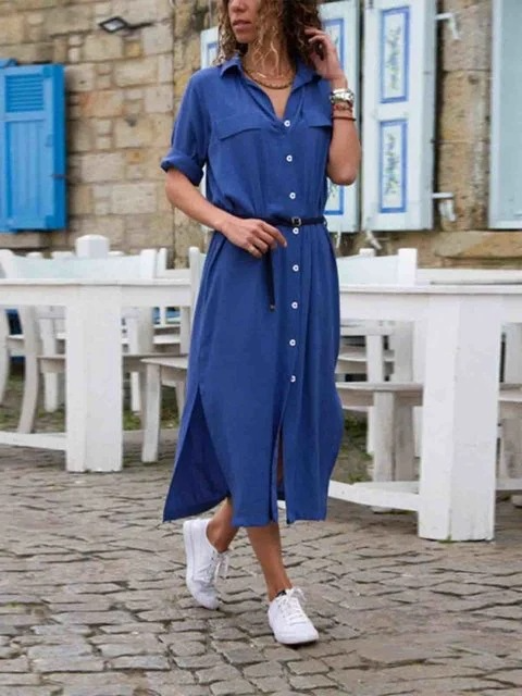 Women's Button-Front Shirt Midi Dress with Short Sleeves for Everyday Wear
