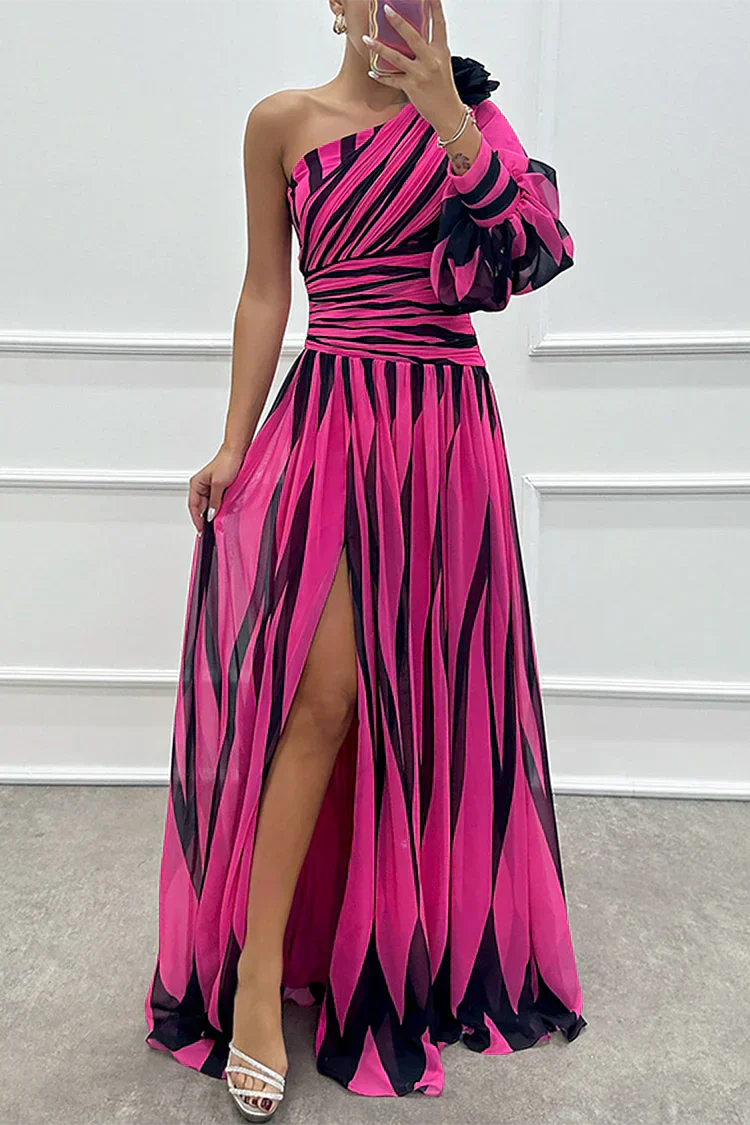 Women's One-Shoulder Striped Evening Gown with Dramatic Puff Sleeve