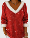 Women's V-Neck Sweater with Plush Trim and Star Print