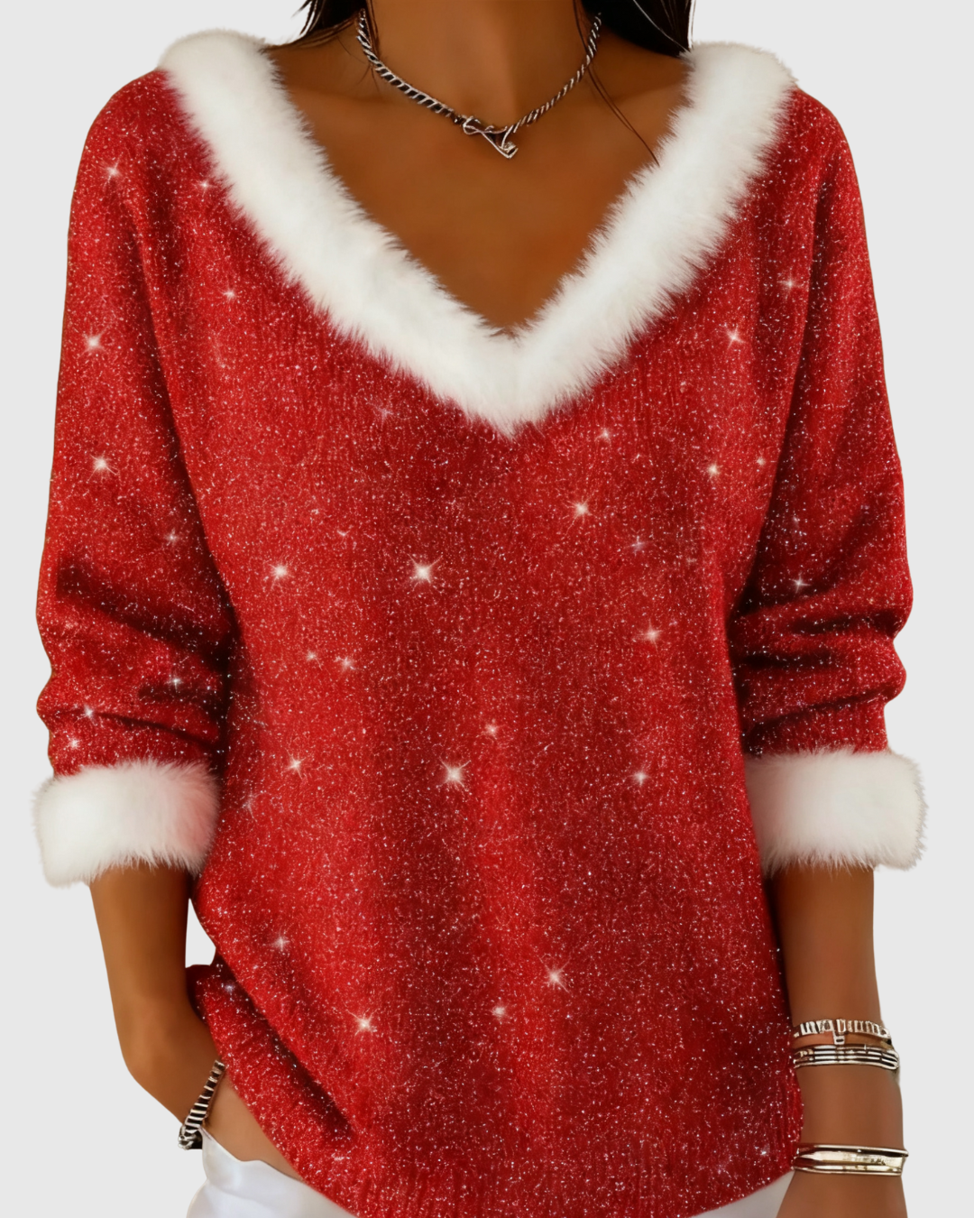 Women's V-Neck Sweater with Plush Trim and Star Print