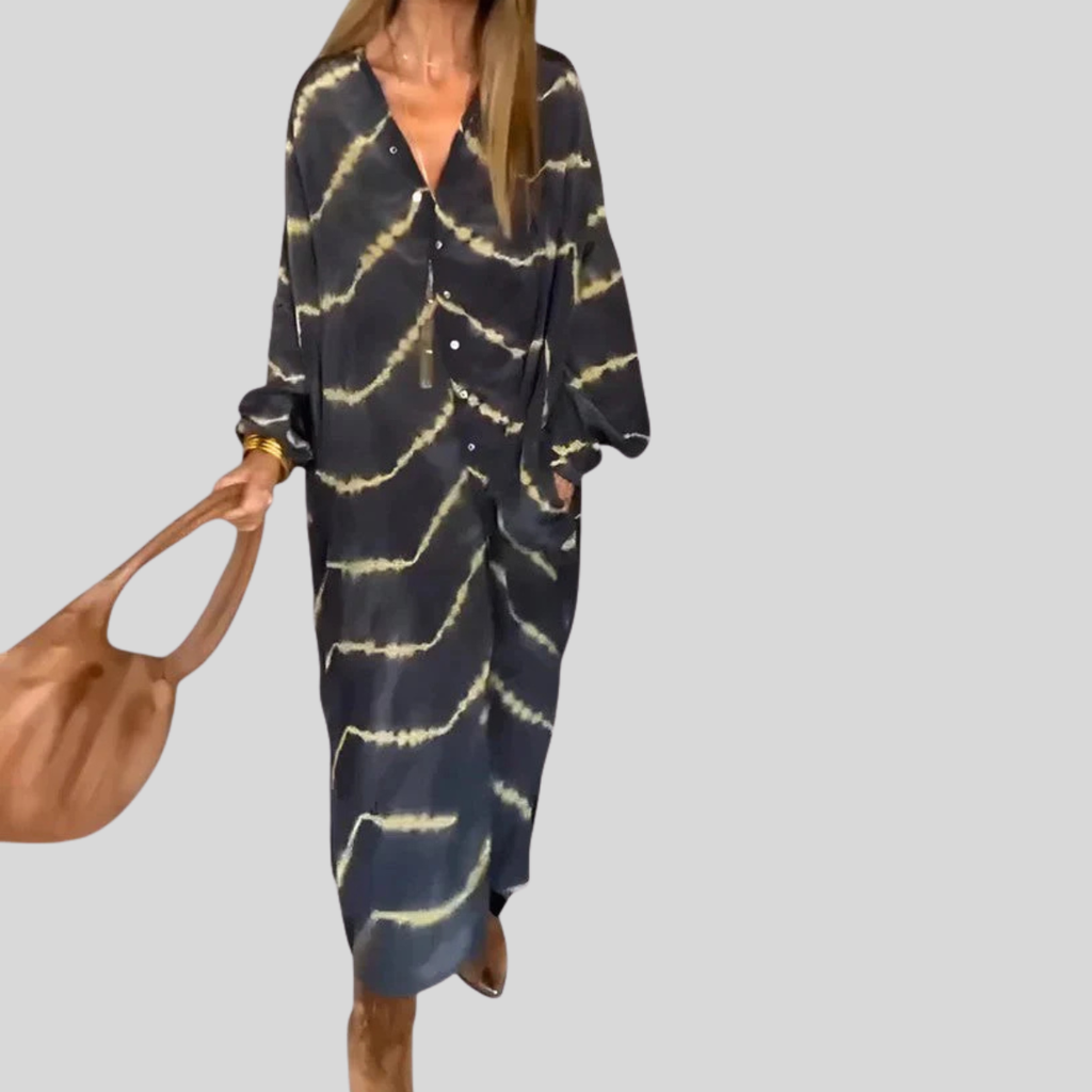 Abito midi da donna ampio con bottoni e motivo tie-dye affrancato