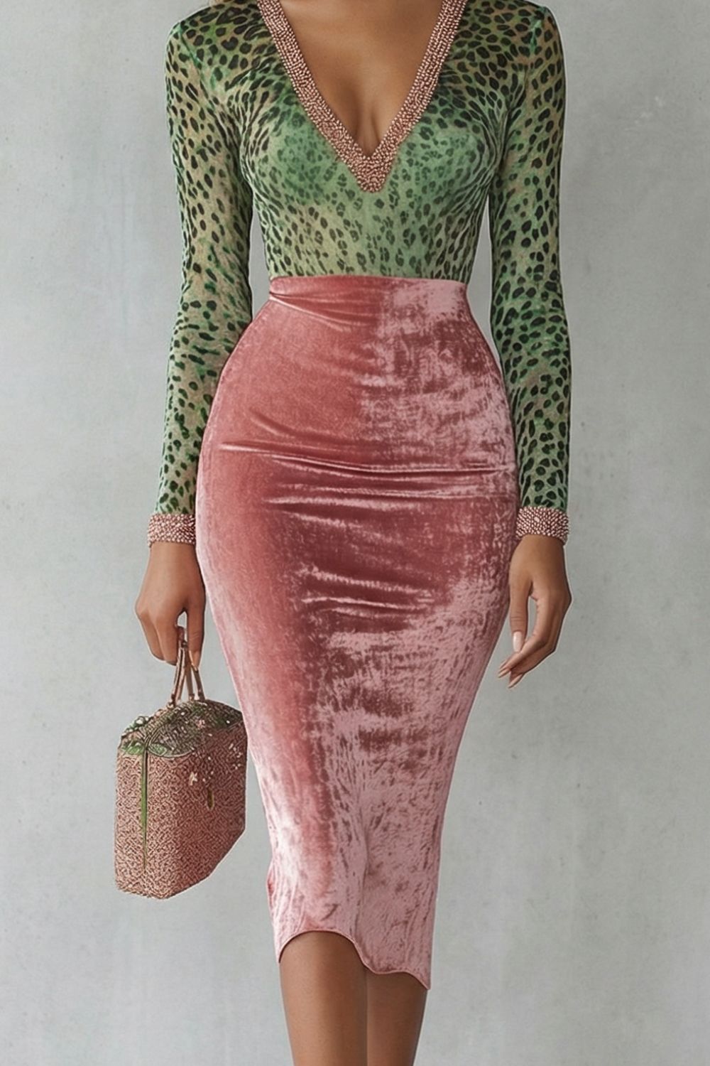 Damen Samt Kontrast Midi Kleid