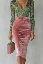 Damen Samt Kontrast Midi Kleid