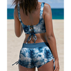 Damen Zweiteiliger Badeanzug mit Batik-Print und gerafften Shorts