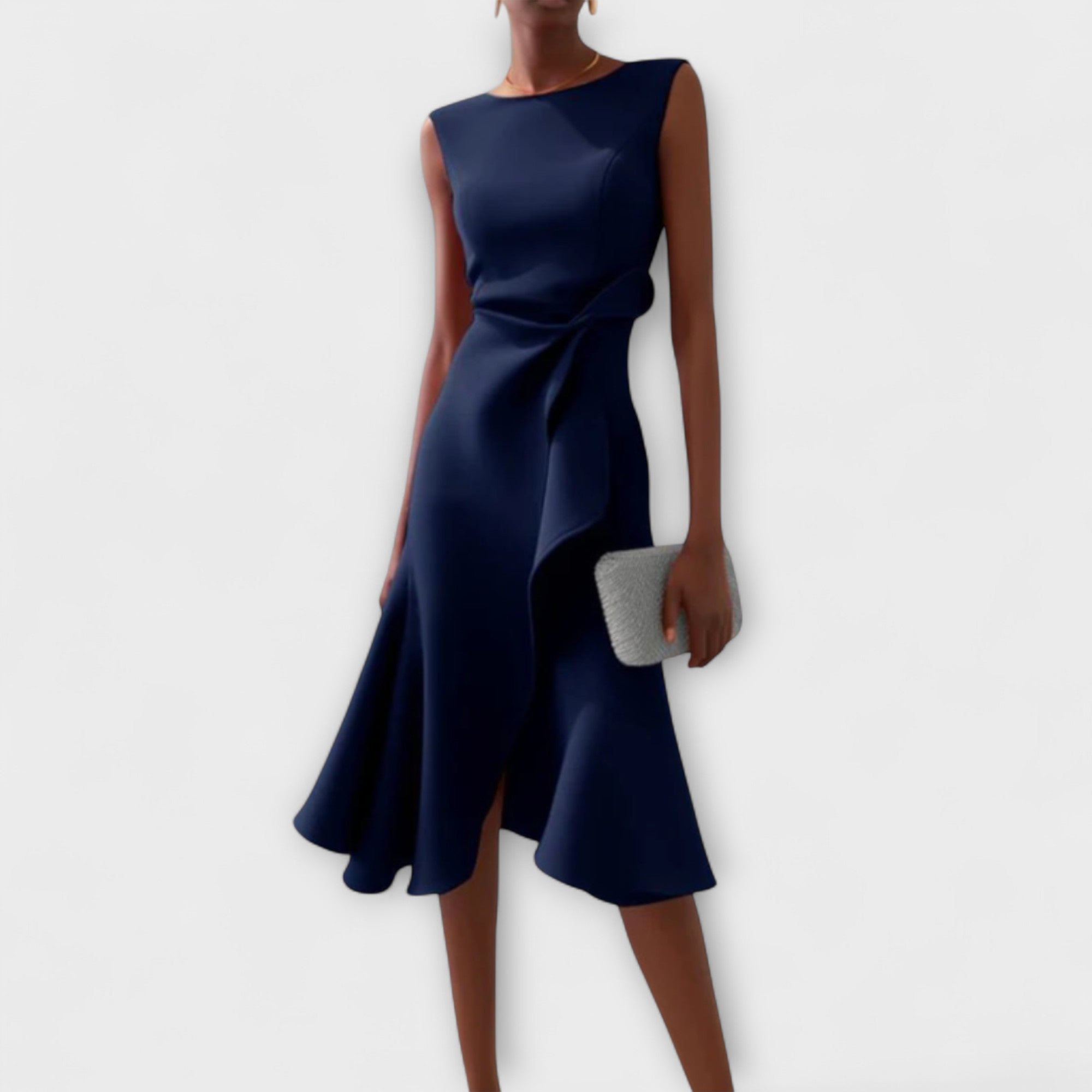 Robe midi moulante élégante sans manches pour femme avec taille à volants  