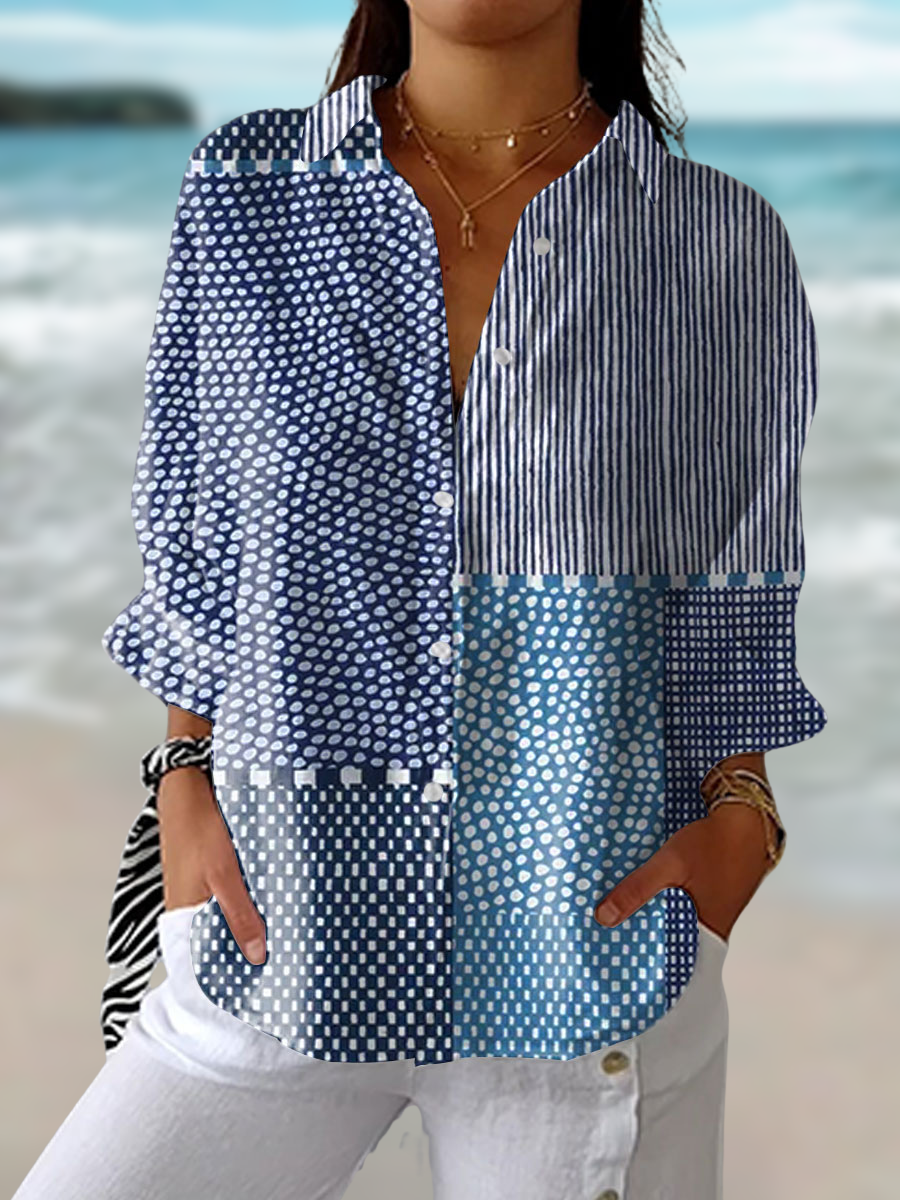 Women's Patchwork Geometric Print Button-Up Shirt with Relaxed Fit