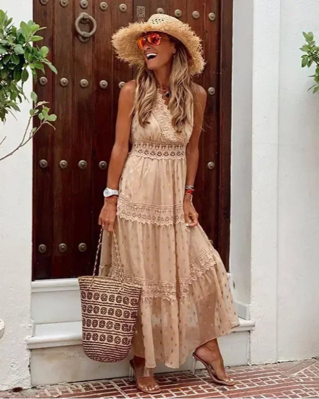 Women's Bohemian Maxi Dress with Lace Panels and Flowing A-Line Fit