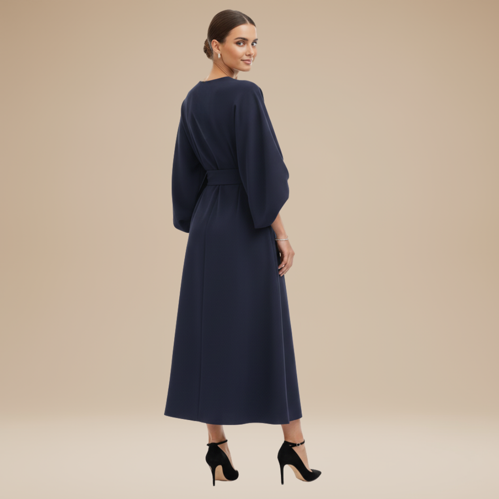 Elegantes Damen-Midikleid mit Bootsausschnitt, weiten Ärmeln, tailliertem Bund und ausgestelltem A-Linien-Rock