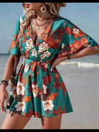 Women's Tropical Floral Belted Short Sleeve Romper