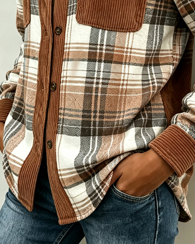 Chemise à boutons contrastés à carreaux pour femme