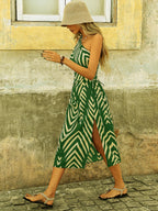 Women's One-Shoulder Midi Dress with Cut-Out Waist and Geometric Print