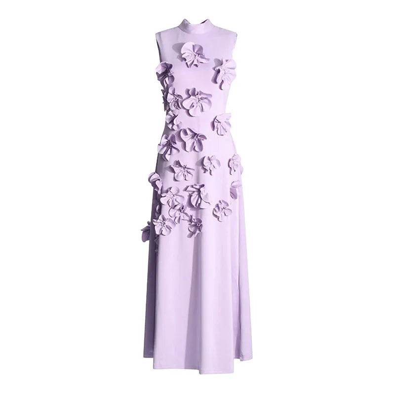 Women Maxi Dress with 3D Floral Appliqué and Elegant Flowing Silhouette