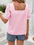 Women's Gingham Square Neck Puff Sleeve Blouse