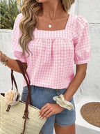 Women's Gingham Square Neck Puff Sleeve Blouse