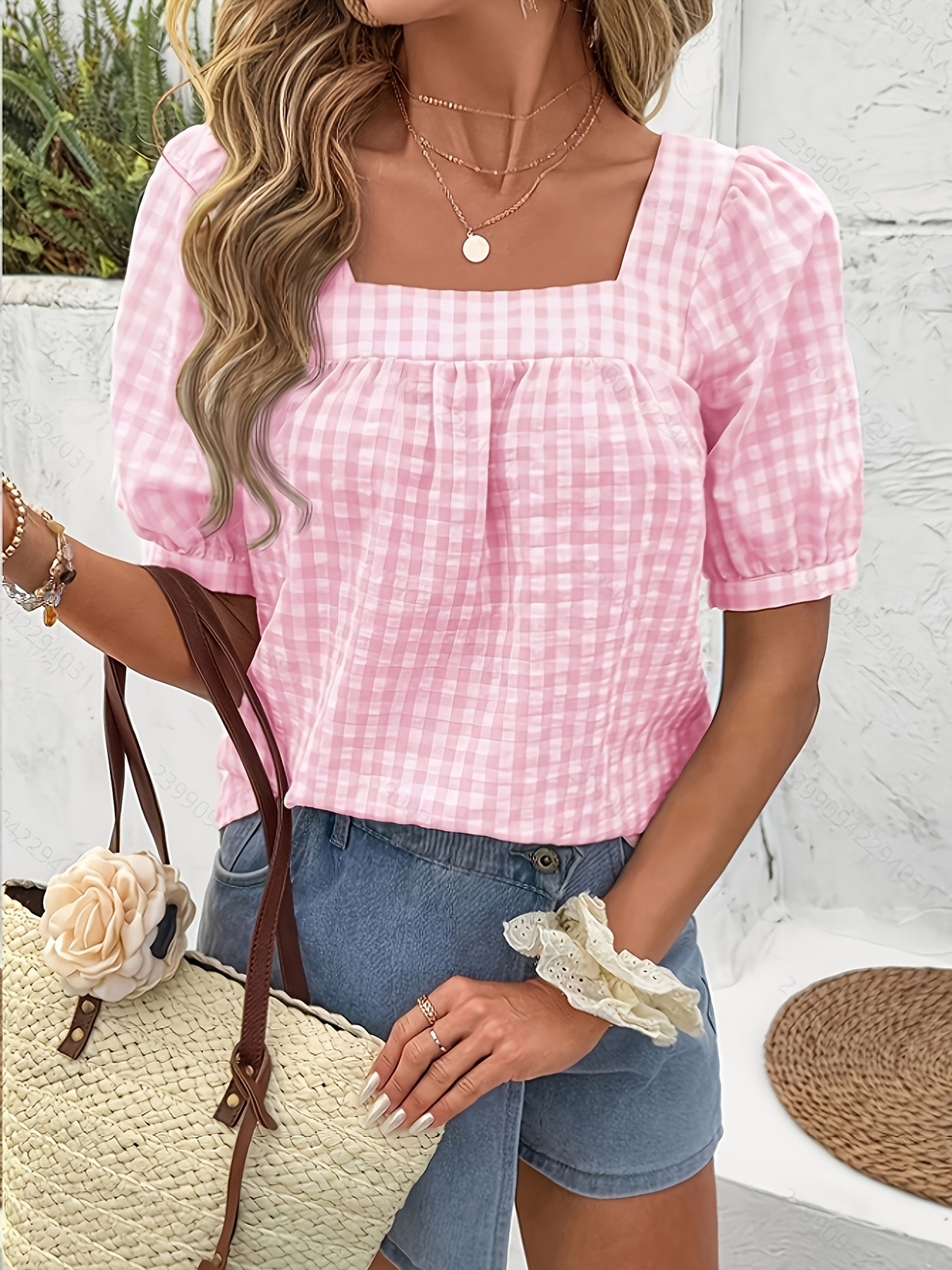 Women's Plaid Square Neck Blouse with Puff Sleeves for Everyday Elegance