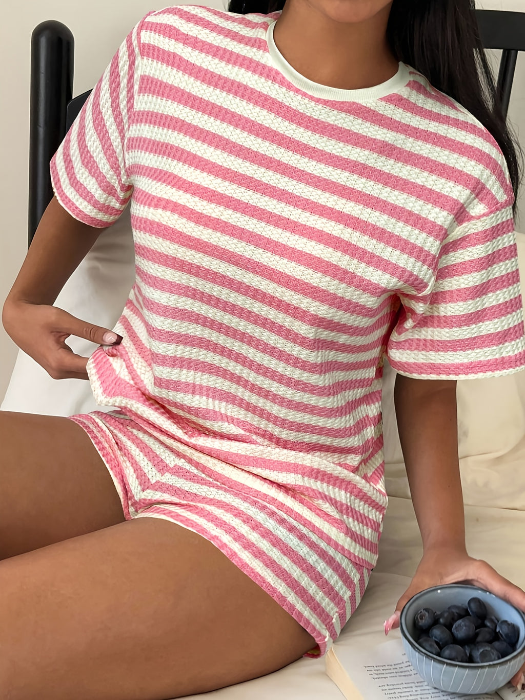 Women's Textured Stripe Lounge Set With Short Sleeve Top And Shorts