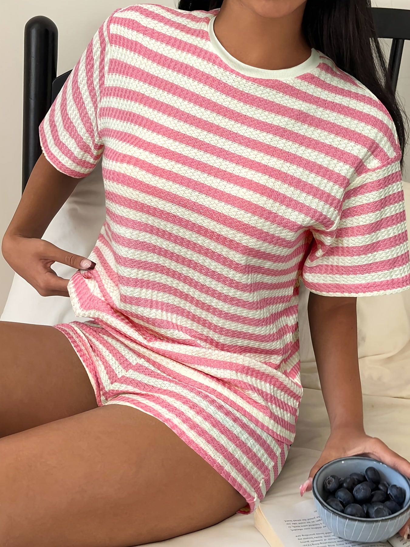 Women's Textured Stripe Lounge Set With Short Sleeve Top And Shorts